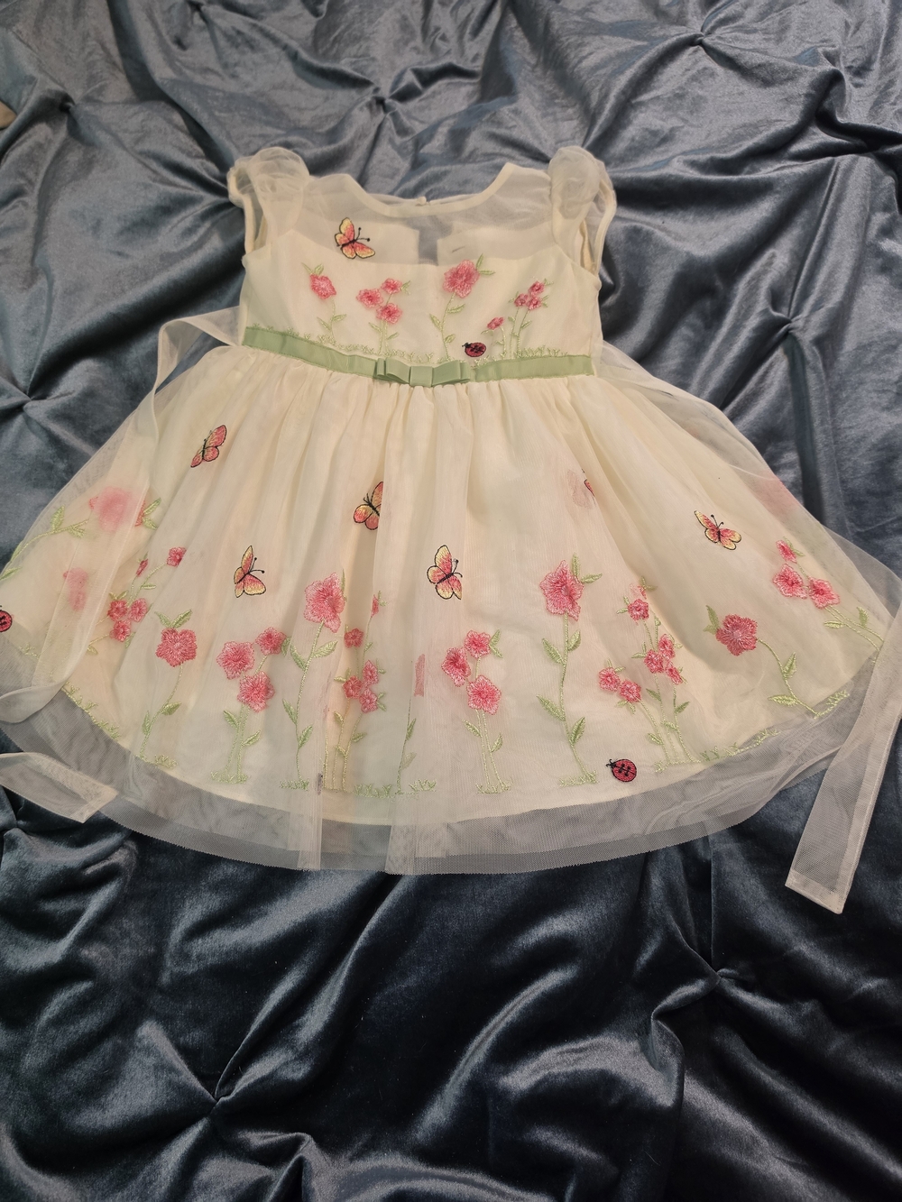 Jona Michelle Ivory Tulle Dress with Pink Floral & Green Waistband